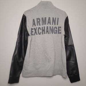 A|X Armani Exchange Mixed Media Faux Leather Sleeves 3/4 Zip Pullover Sweater L
